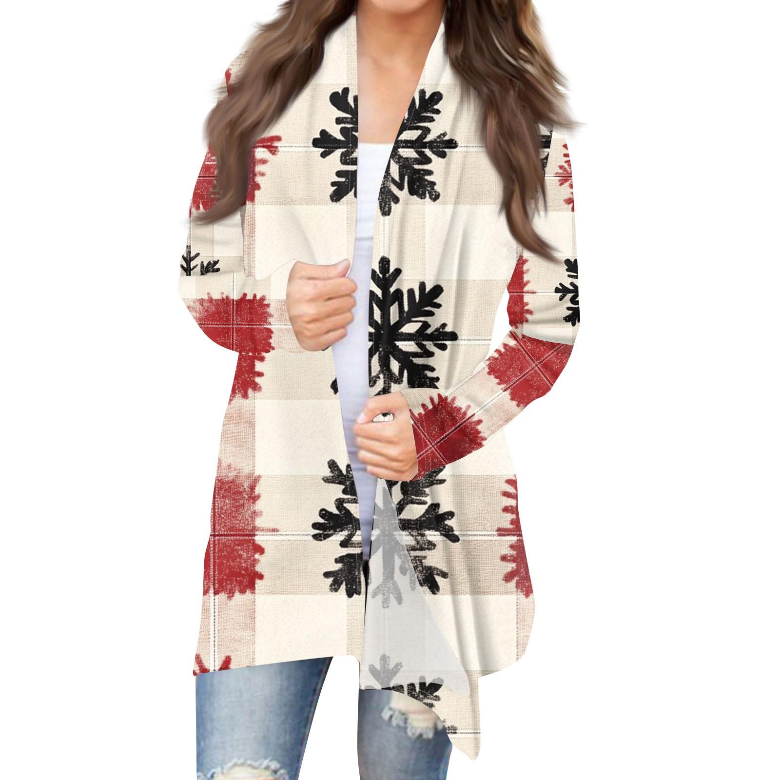 Женская мода повседневная рождественская печать средней длины кардиган куртка пальто — фото 3
