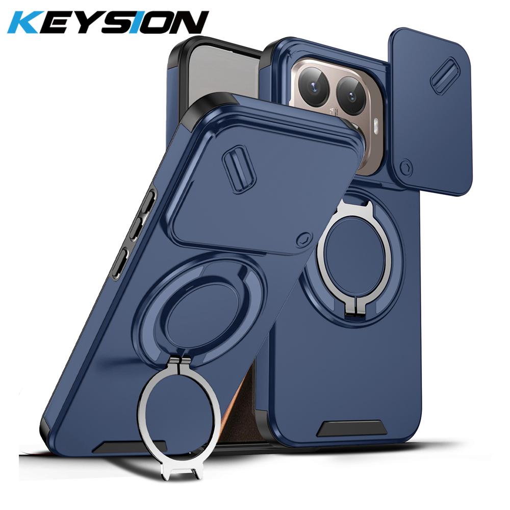 KEYSION 360° Rotating Ring Stand Phone Case for Xiaomi 15T 15T Pro Silicone+PC Slide Camera Protection Magnetic Shockproof Cover