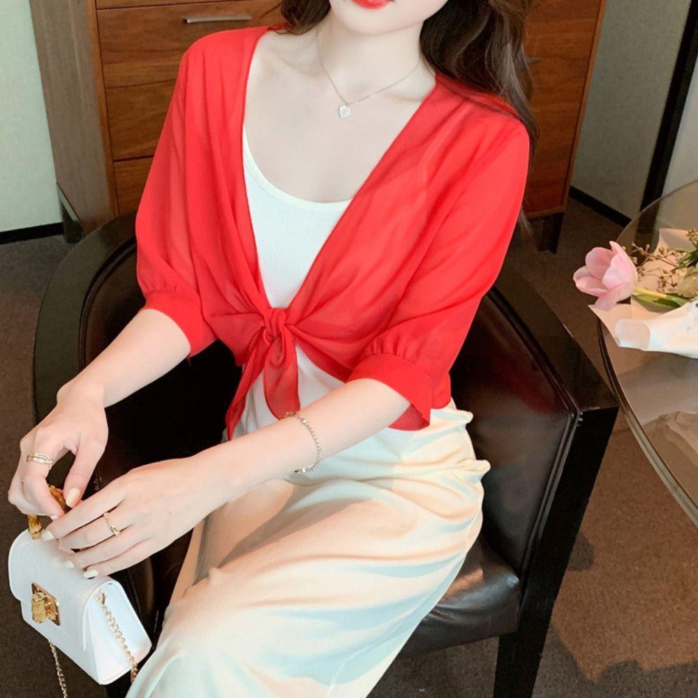 Women Thin Short Cardigan Summer Sun Protection Clothing New Half Sleeve Chiffon Shawl