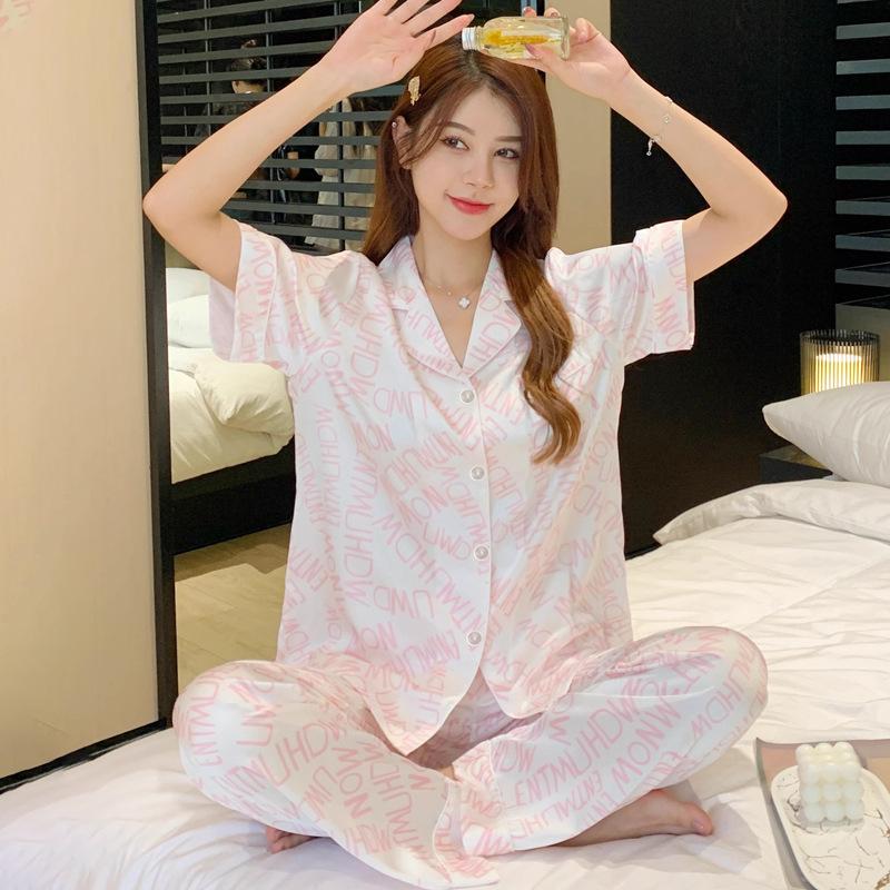 

Sweet Letter Print Ice Silk Pajamas Women S Summer Girls Short-Sleeved Loungewear Fashion Suit 2XL