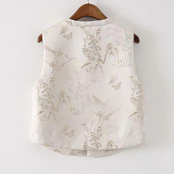 2025 Solid Color Retro Antique Embroidered Jacquard Vest Women's New Chic Buckle Top