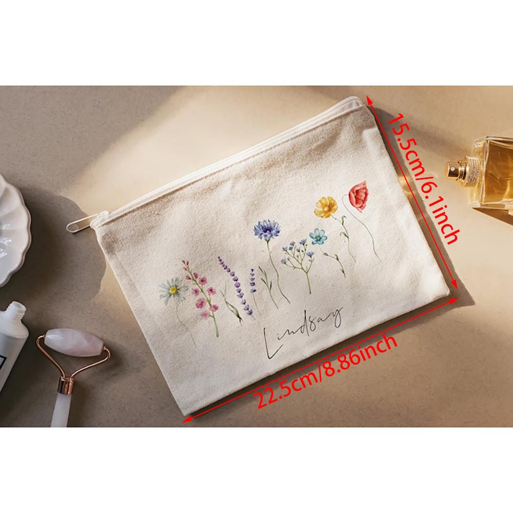 Personalised Wild Flower Canvas Makeup Bag Gift for Bridesmaids Mom Weddings Birthdays Everyday Use Pencil Case Back To School