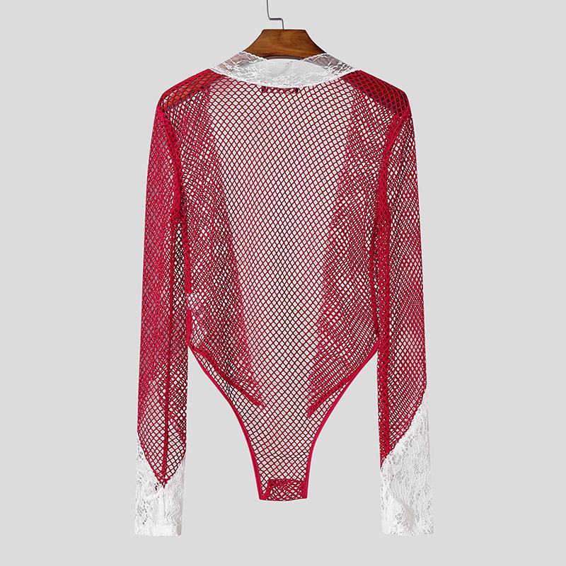 Men Long Sleeve Lace Patchwork Mesh See Through Party Bodysuits Jumpsuits Home Wear