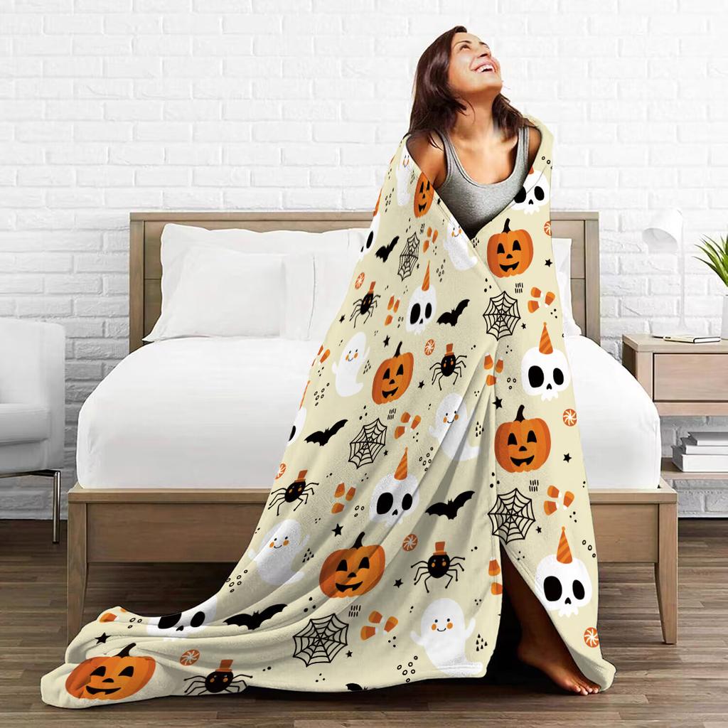 1pc Pink Orenge Halloween Blanket Ghost Pumpkin Printed Skin-Friendly Soft Blanket New for Home Sofa Halloween Decoration