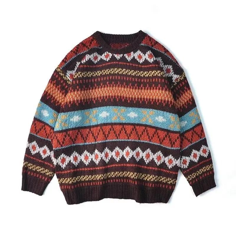 Suéter Vintage para Hombre Étnico a Rayas Holgado Top de Punto Casual Cuello Redondo Estilo Ocioso Modelo de Pareja Suéter