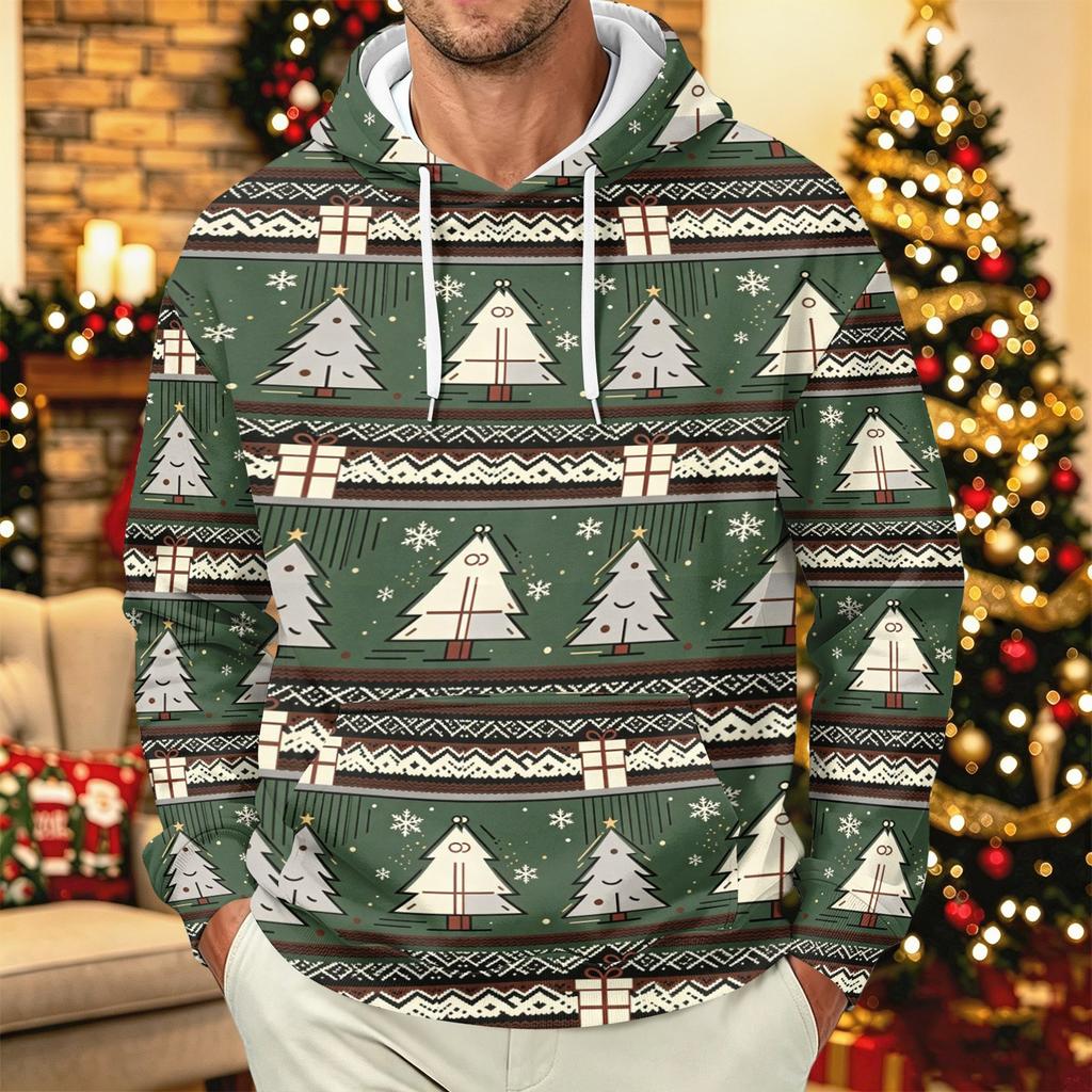 Men's Long Sleeve Hooded Sweatshirt with Christmas Print for Casual Holiday Wear