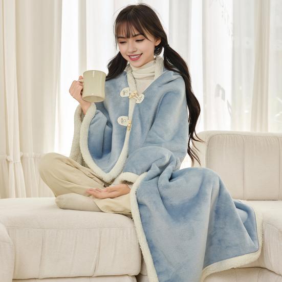 Cape Blanket Plush Hooded Cape with Button Fastening Double-Sided Warmth White Trim Blanket Cape Office Nap Comfort Throw Blanket