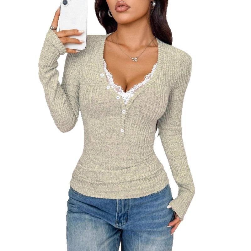 Women S French Style Lace Trim V Neck Long Sleeve Knit Top For Early Autumn