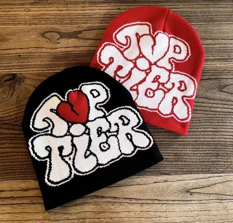 Casual Hip Hop Style Cap Bold Black Lettering with Red Heart Graphic Custom Logo Elastic Knitted Unisex Jacquard Beanie