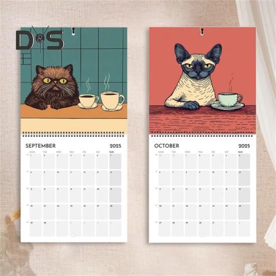 1/2Pcs 2025 Wall Calendar Cats Chillin' with Coffee Wall Calendar 12 Monthly Coffee Cats Calendar Family Office Organizer for Cat Lover Gift