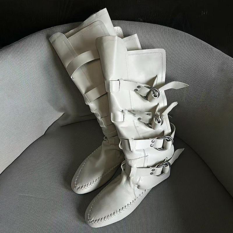 Cowhide version~ Inner heightening belt buckle boots women's new fashion catwalk knight boots versatile Spice Girl fashion boots