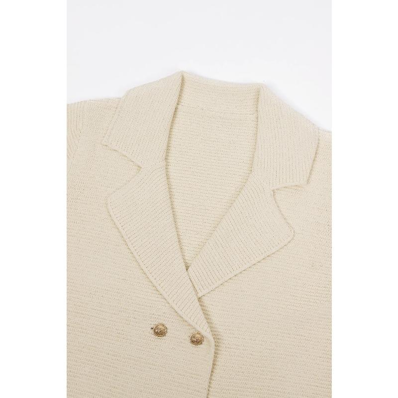 Blazer Long en Tricot Côtes Crème Double-Boutonnage pour Femme Style Décontracté Bureau Manches Longues Vêtement d'Extérieur