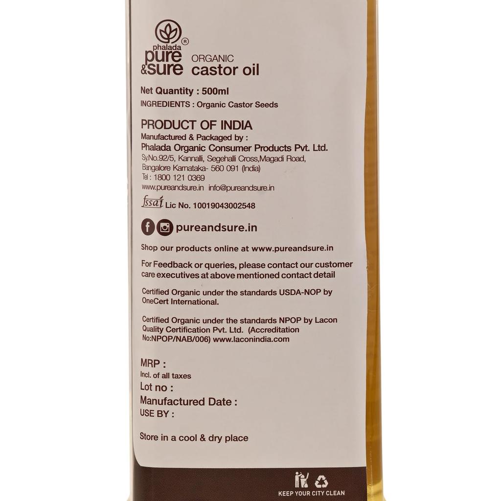 Olio di Ricino Biologico Pressato a Freddo Pure & Sure 500 ml | Per la Crescita dei Capelli, Ciglia, Sopracciglia e Pelle (Confezione da 2)