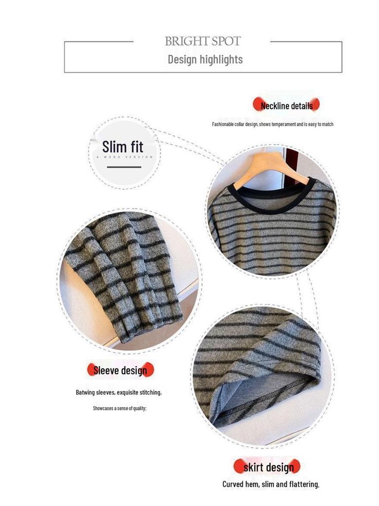 Plus Size Velvet Color Block Striped T-shirt: Korean Style, Long Sleeve, Loose Fit, Slimming & Warm Women's Top