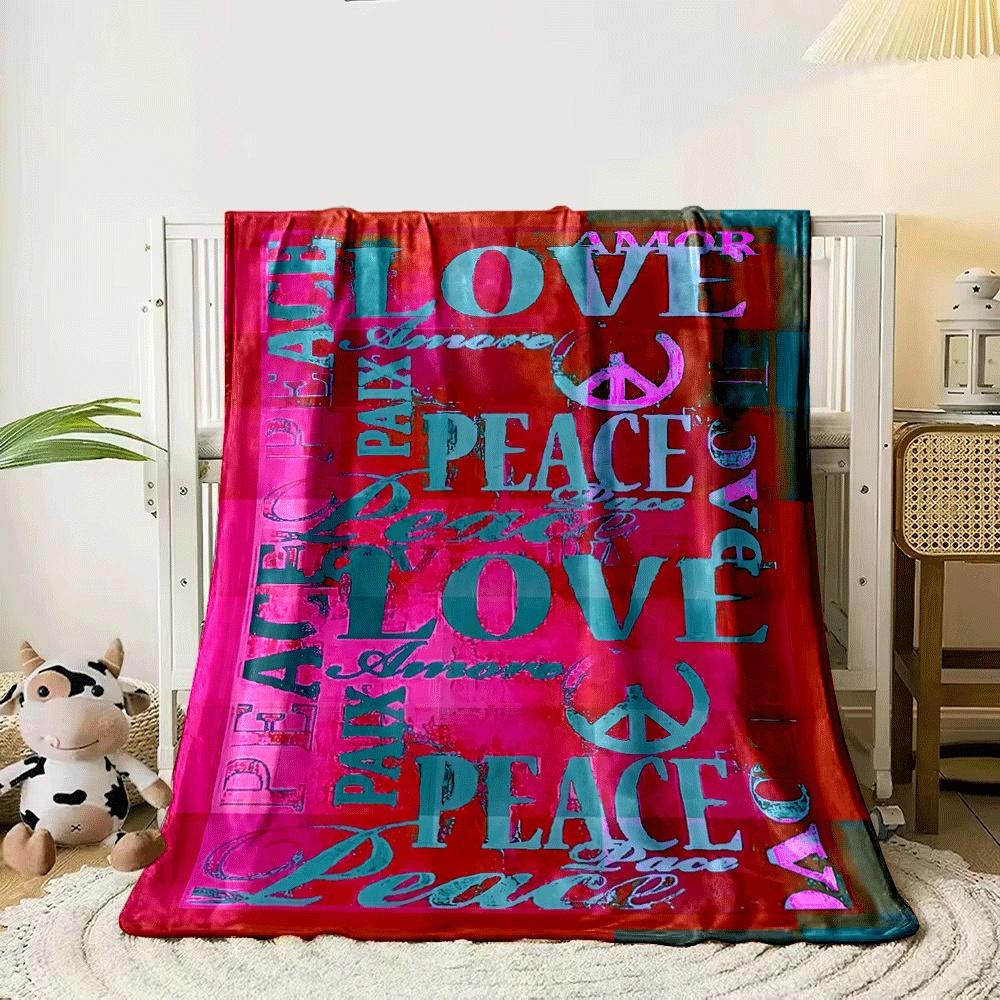 The pattern features colorful LOVE and PEACE text with peace symbols. for all seasons blanket lunch break throw gift 80cm x 120cm