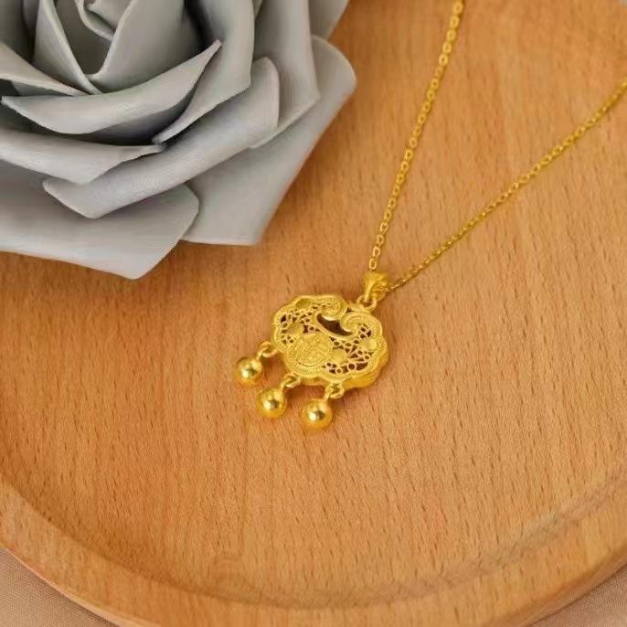 Fu Character Safe Lock Necklace Female Ruyi Bell Fringed Pendant Classical Chinese Style Hollow Design Craft Collarbone Chain Quality