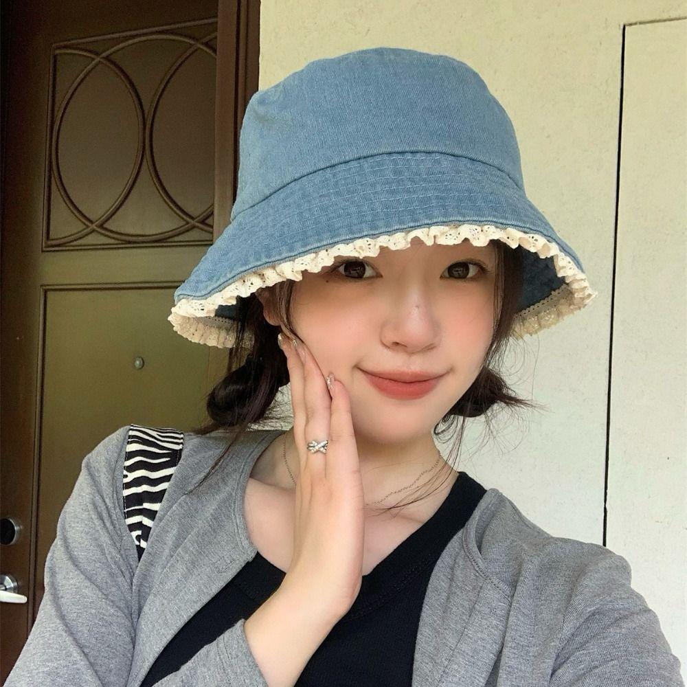 Big Brimmed Lace Fisherman Hat Y2K Panama Hat Fashion Denim Bucket Hat  Lady