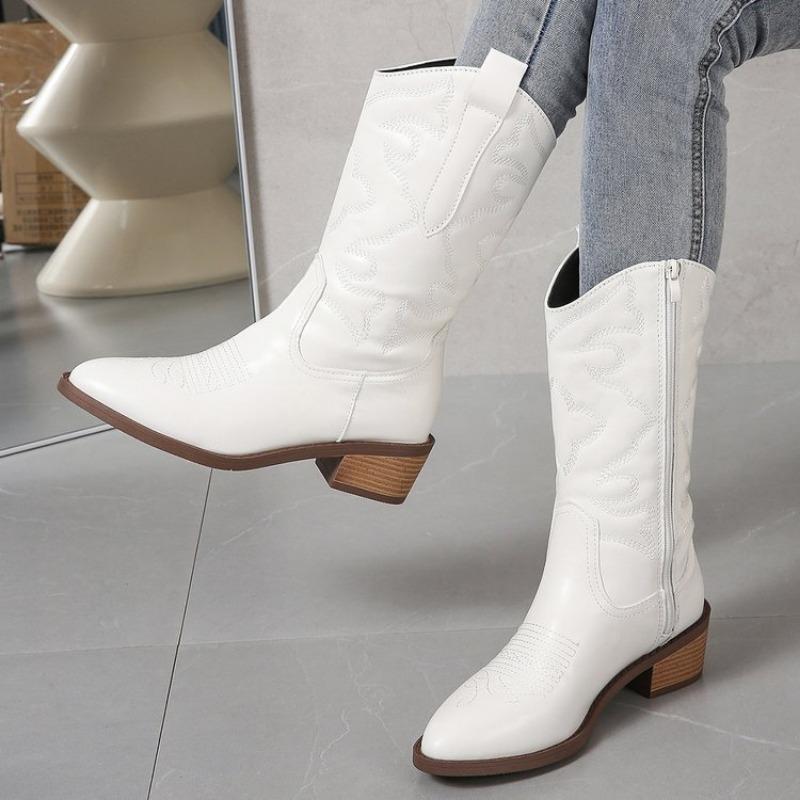 Fashion Women's Thick Heel Cotton Boots Winter New Point Side Zipper Embroidery Anti-slip and Wear-resistant High Boots