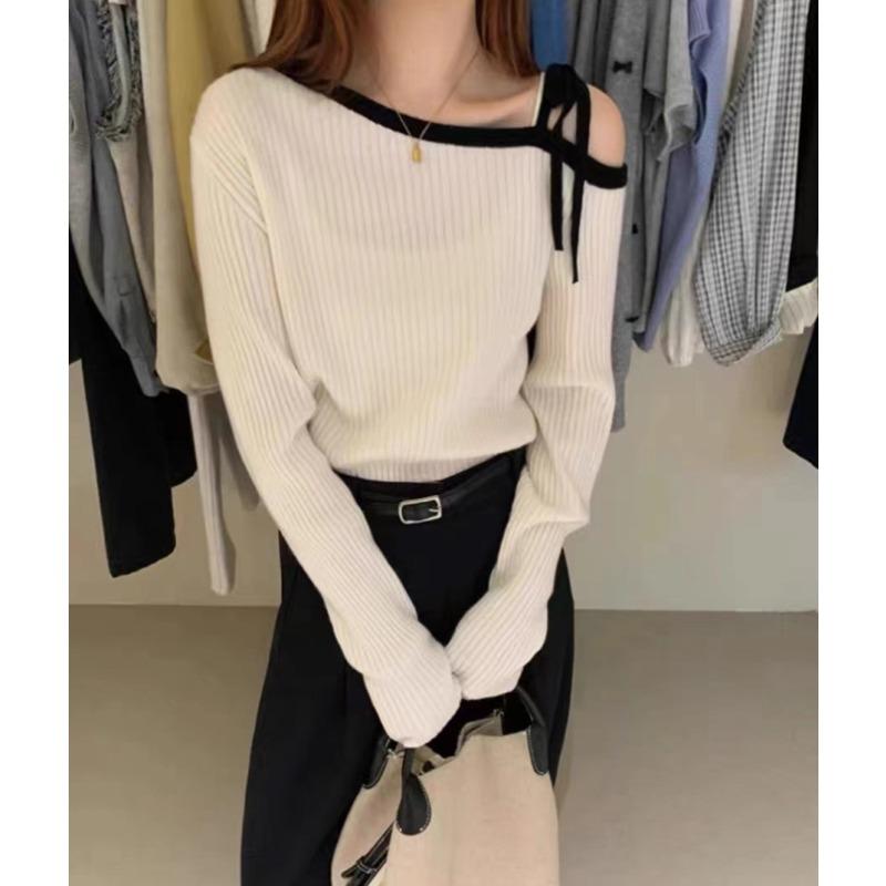 Elegant Fashion Off-shoulder Lace-up Pullover Women Sweater 2025 Autumn Loose Long Sleeve Casual Knitted Top Korean Style Clothing