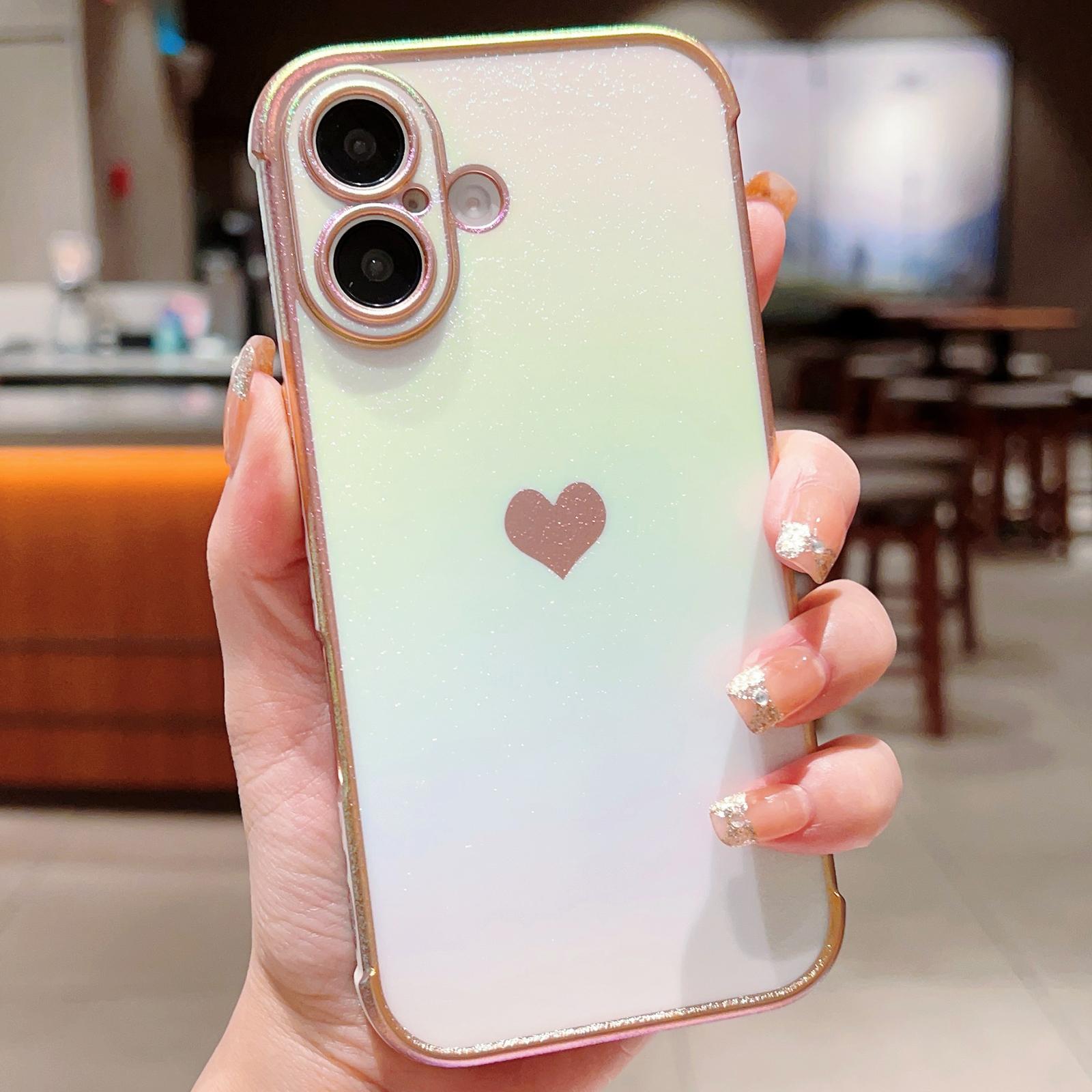For iPhone 16 Case Dazzling Design Electroplating Heart Pattern TPU Phone Cover A