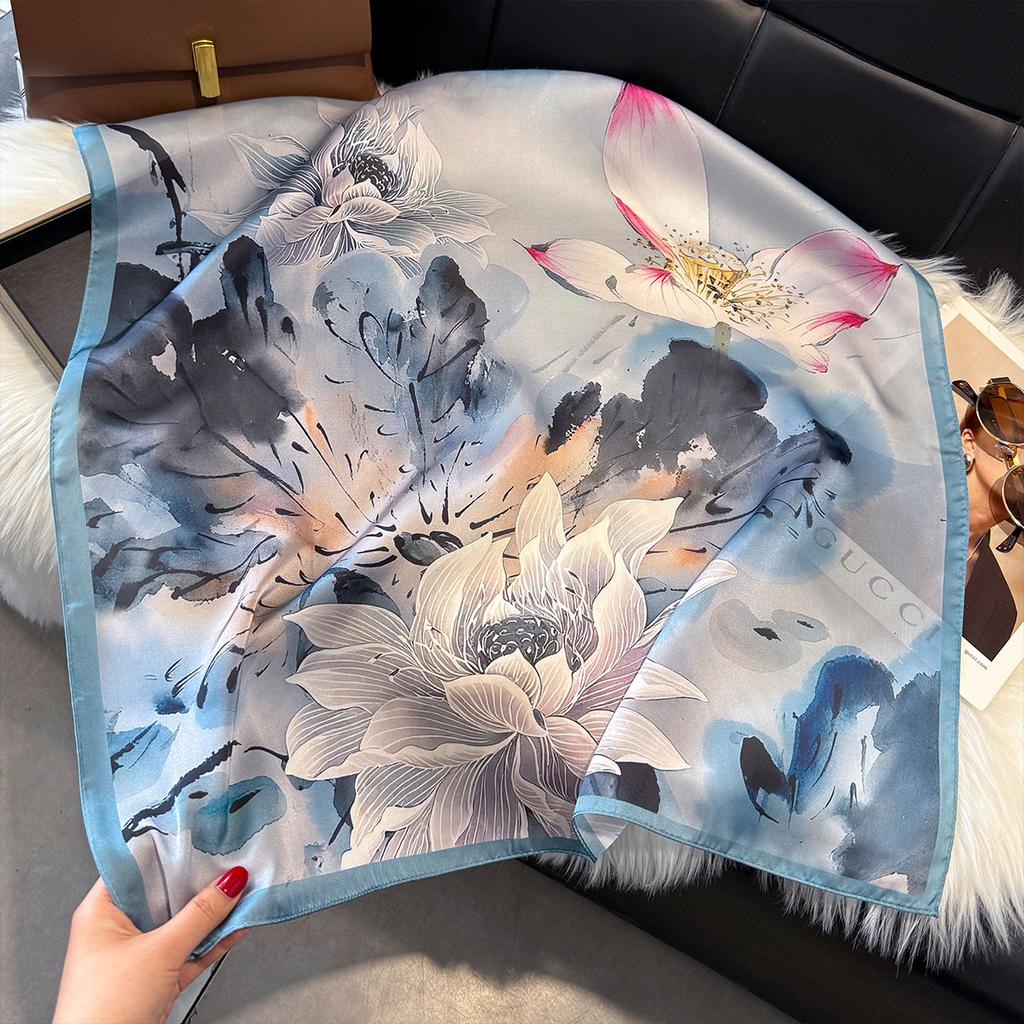 Four Seasons NEW Floral Square Scarf Women Satin Shawl Wrap Hijab Female Hair Luxury Headkerchief Beach Sun Protection Bandana