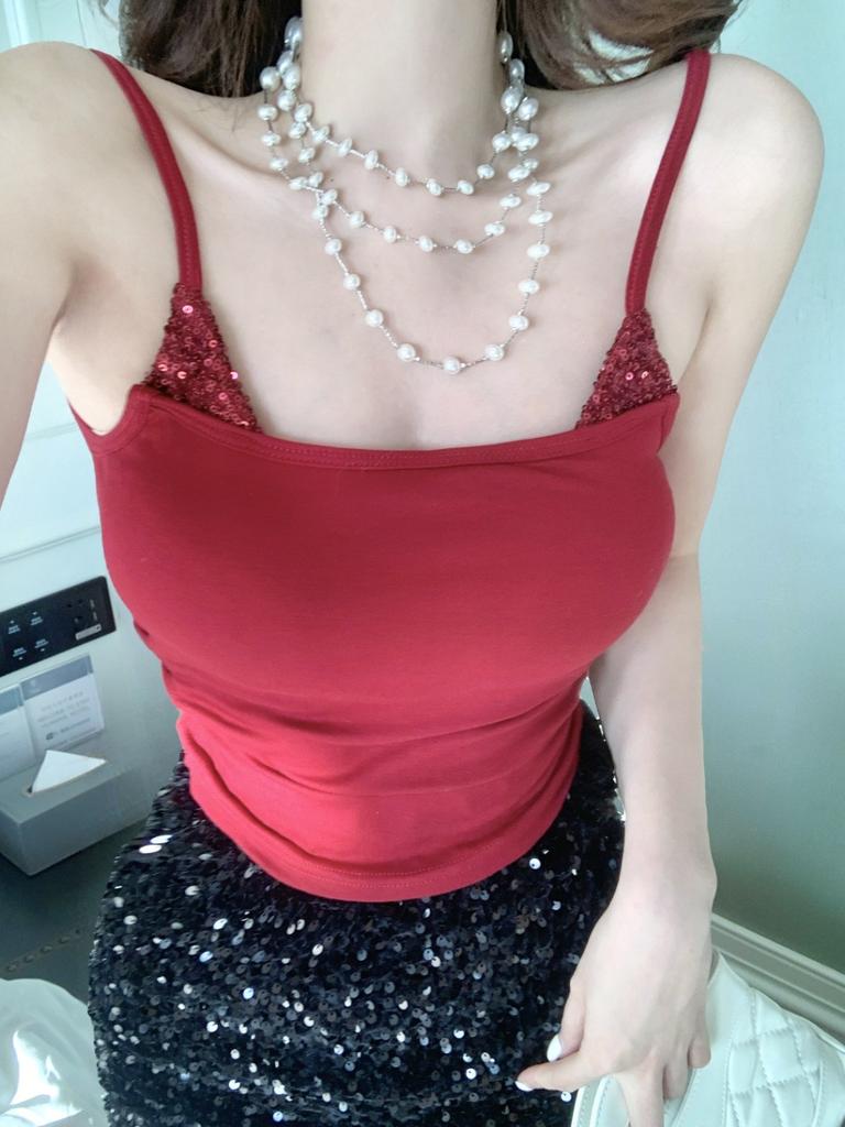 #Summer new Spice Girl style sequined splicing sling vest slim and thin women's fixed chest pad top