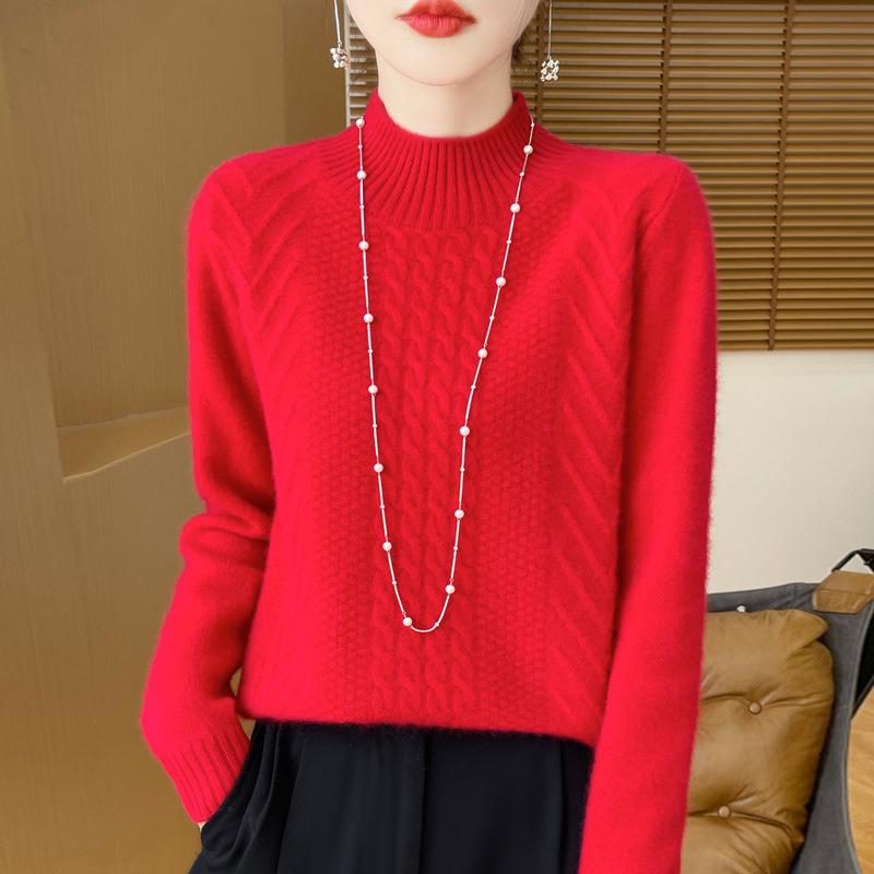 2025 Women's Wool Jacquard Pullover: Cozy Half-High Neck Sweater with Long Sleeves and Age-Reducing Design.