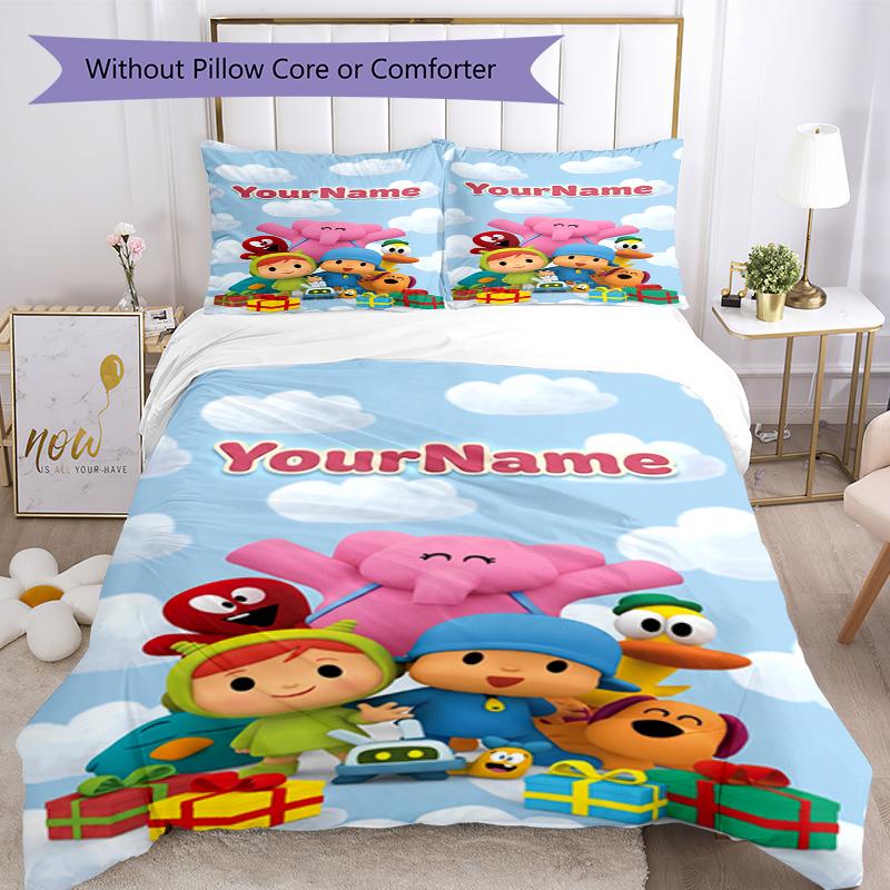 Pocoyo Individualisiere deinen Namen Bettwäsche-Set Atmungsaktive Bettbezüge mit Kissenbezügen Heimdekoration Geburtstagsgeschenk