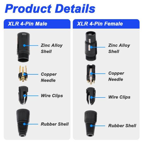 Xiatiaosann 4-Pin XLR Male & Female Microphone Snake Plug Audio Micro Connector for Mixers and Speakers, with 2 Pairs of 4-Pin XLR Male & Female Jack