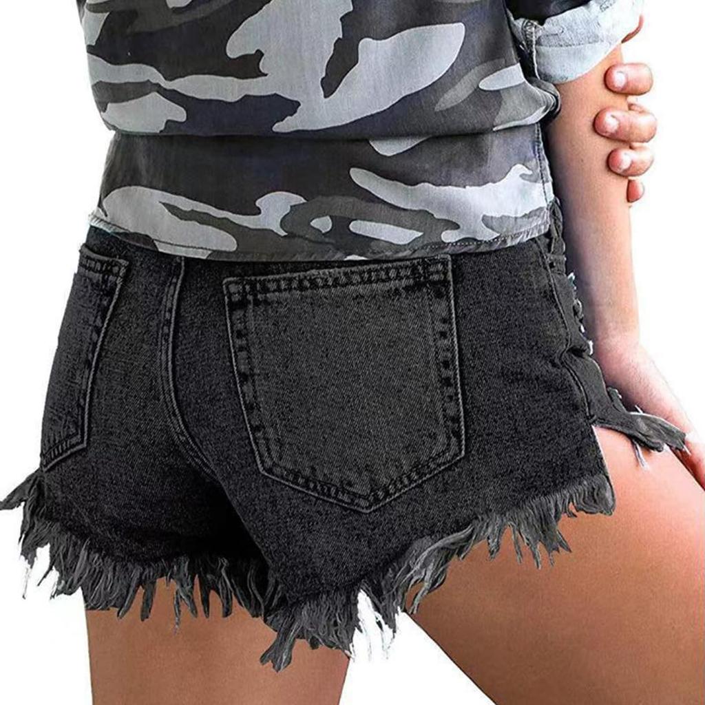 Women's Solid Color Casual Shorts Versatile Straight Leg Ripped Denim Shorts