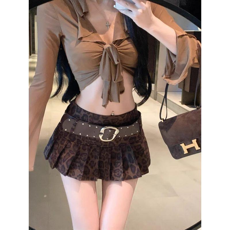 Kumikumi American Style Gyaru Style Retro Leopard Print High Waist Skirt Women Autumn Slim Fit Slimming Pleated Skirt Short Dress