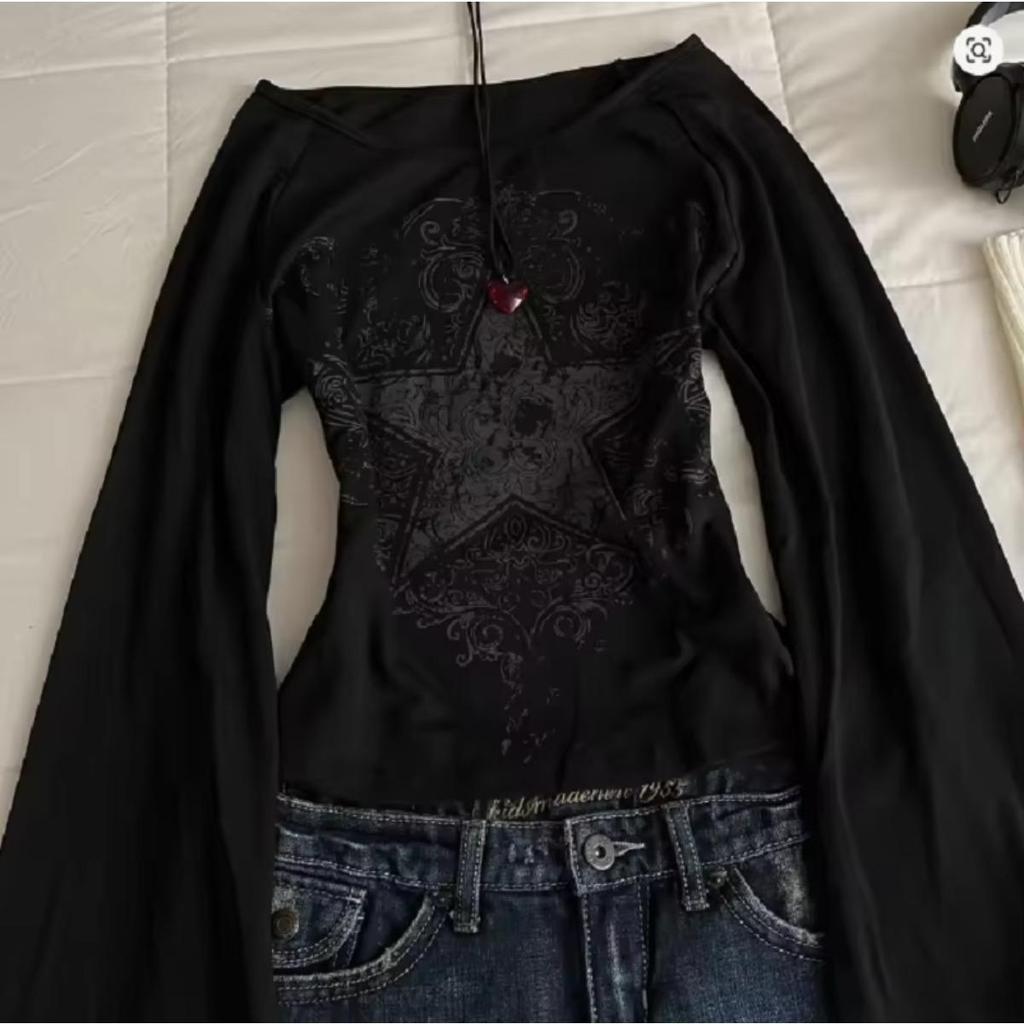 2KWEIRD 90s Long-sleeve Tees E-Girl Clothes Aesthetic Streetwear Long-sleeve T-shirts Harajuku Punk Letter Pattern Sexy Long-sleeve Tops