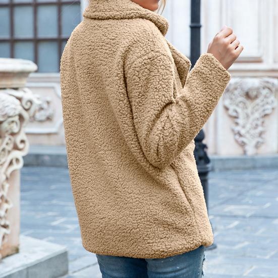 Dámský zimní kabát jednobarevný umělý fleece dlouhý rukáv knoflíky bunda svrchní oděv