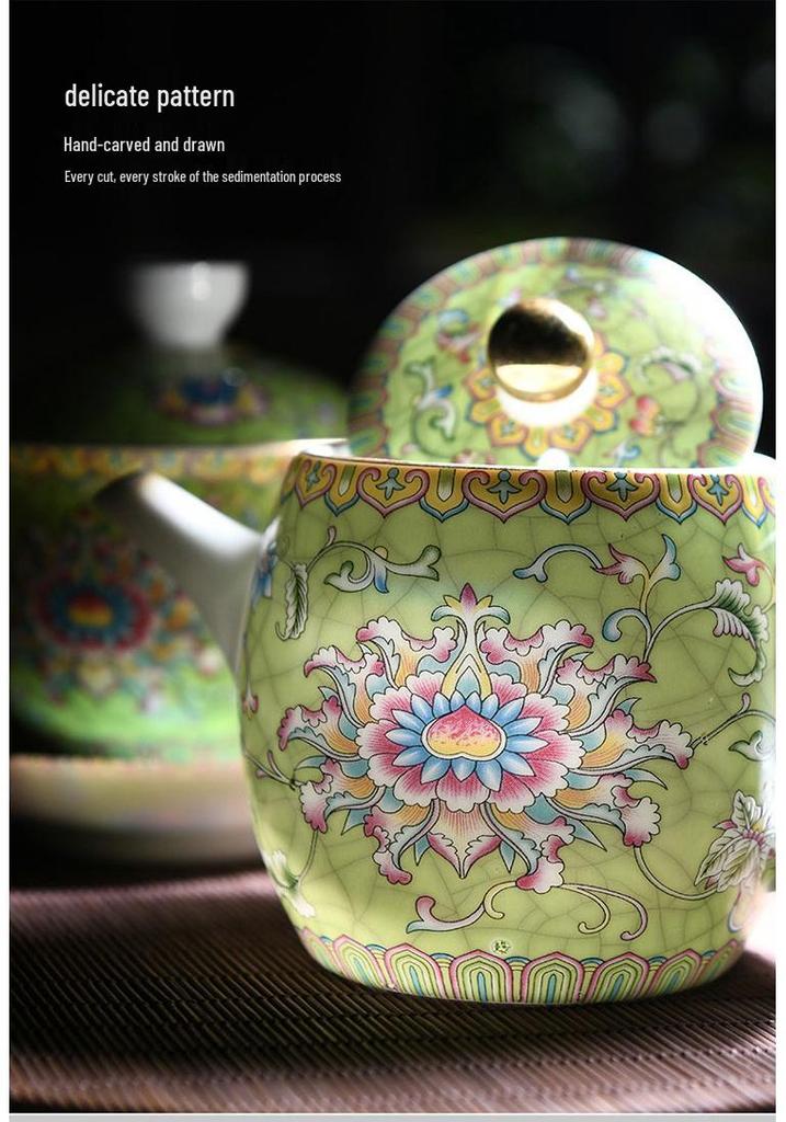 Enamel Color Ceramic Tea Set with Hand-Painted Floral Design, White Porcelain Kung Fu Brewer with Handle