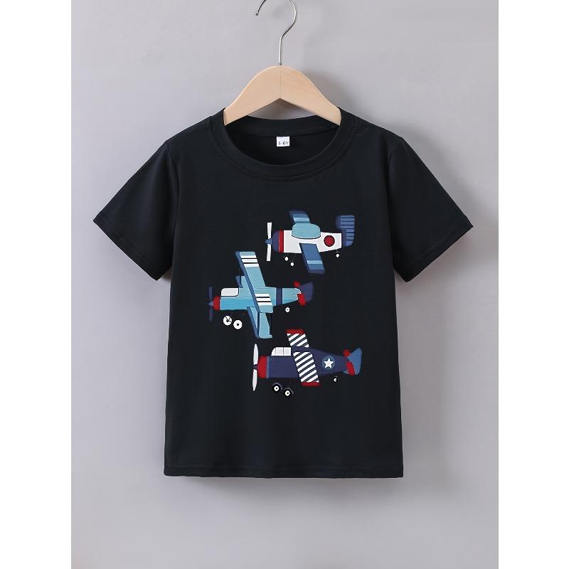 European Sizes Boys' Summer Short-Sleeve T-Shirt with a 'Cartoon Airplane' Print