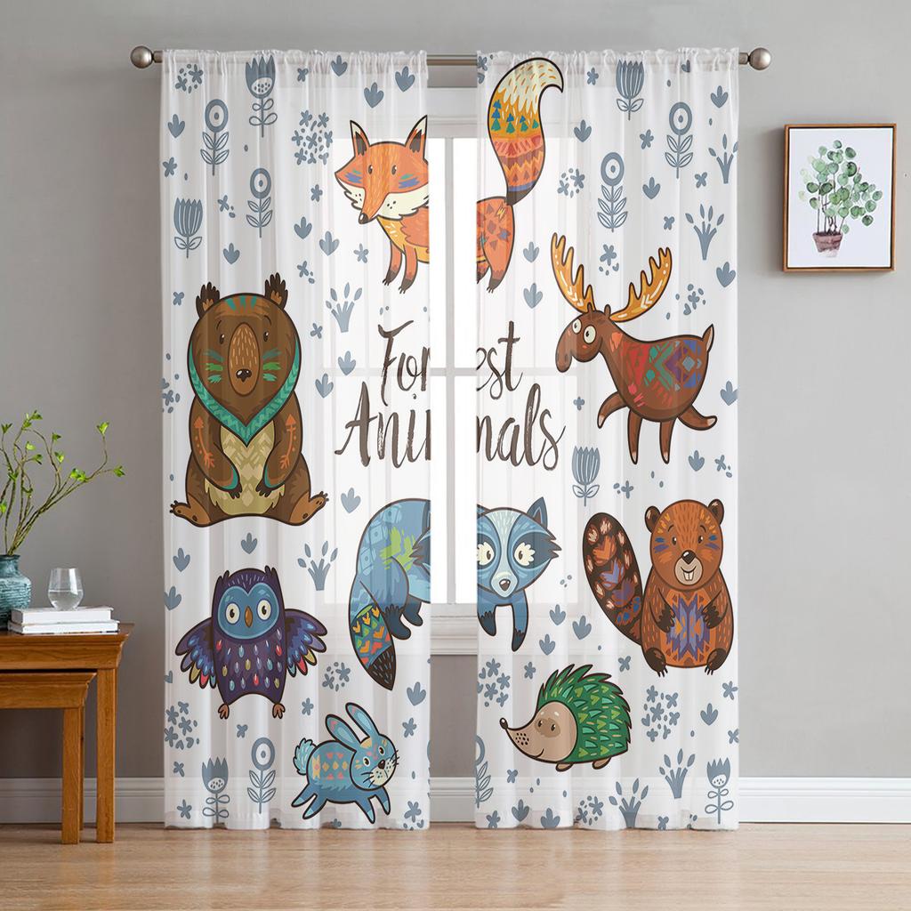 Forest Animal Woods Owl Fox Deer Tulle Sheer Window Curtains for Living Room Kitchen Children Bedroom Voile Hanging Curtain