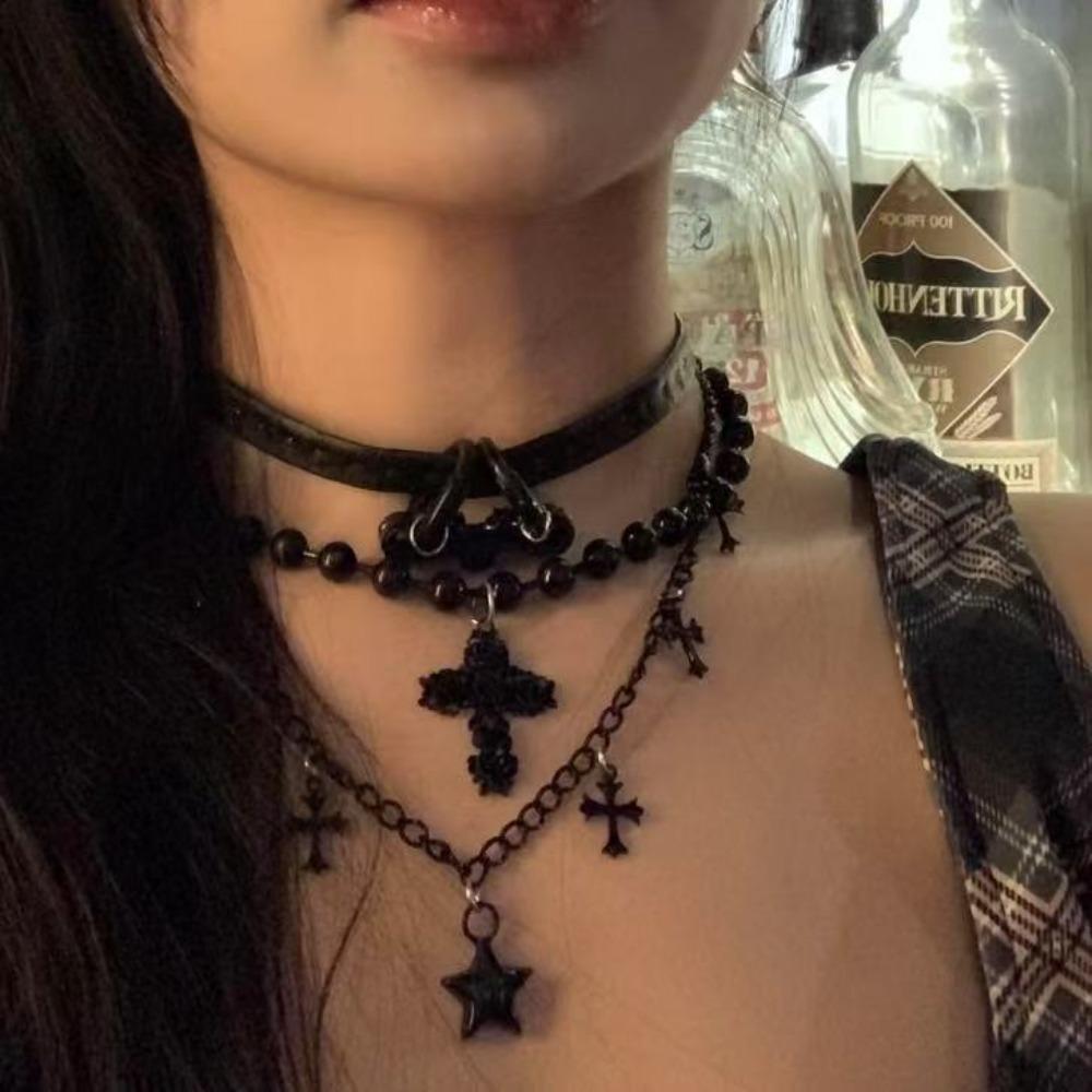 Dark Night Thorns Cross Stars Multi-layer Choker Necklace Spice Girl Black Leather Necklace