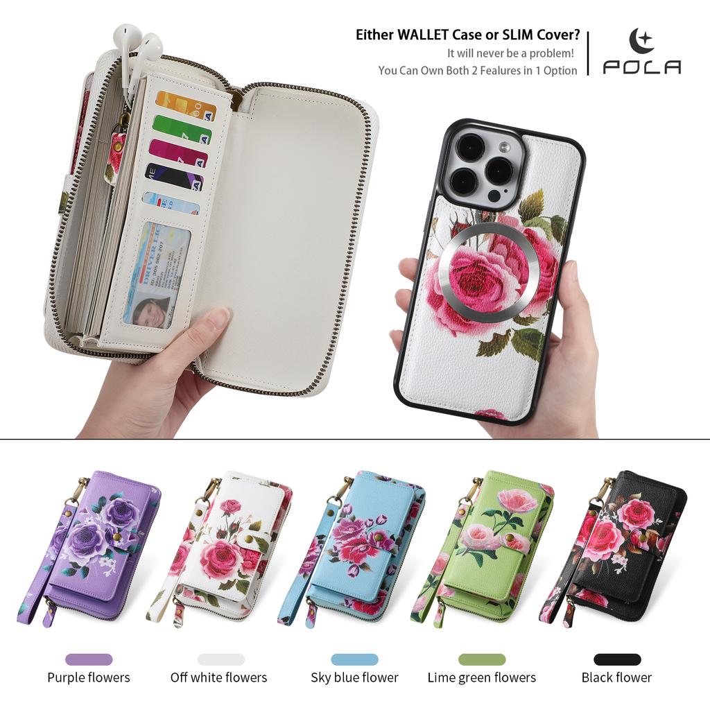 Integrated Phone Case Wallet and Case with Floral Design, Suitable for iPhone15, 15Pro, 15Pro Max, iPhone16, 16Pro, 16Pro Max