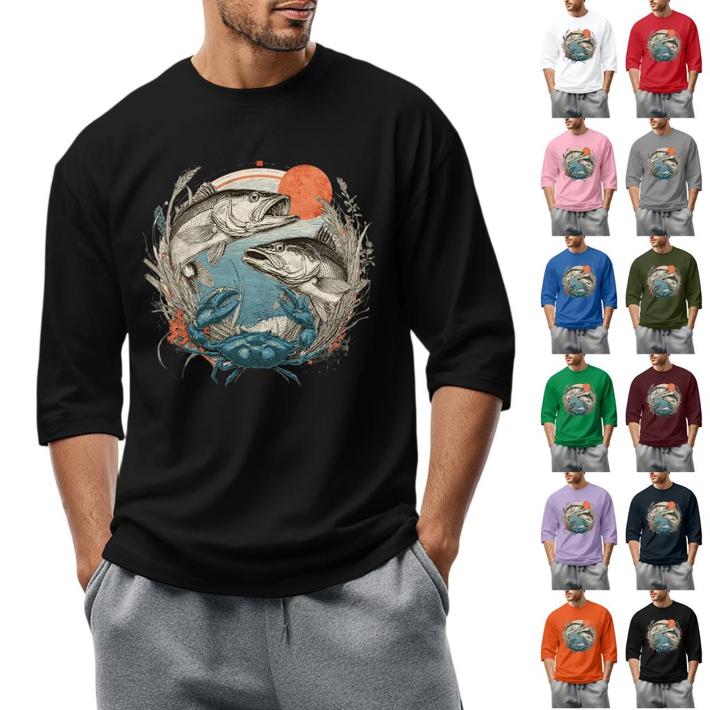 Men'S Round Neck Three-Quarters Sleeve Top Casual Fashion T-Shirt