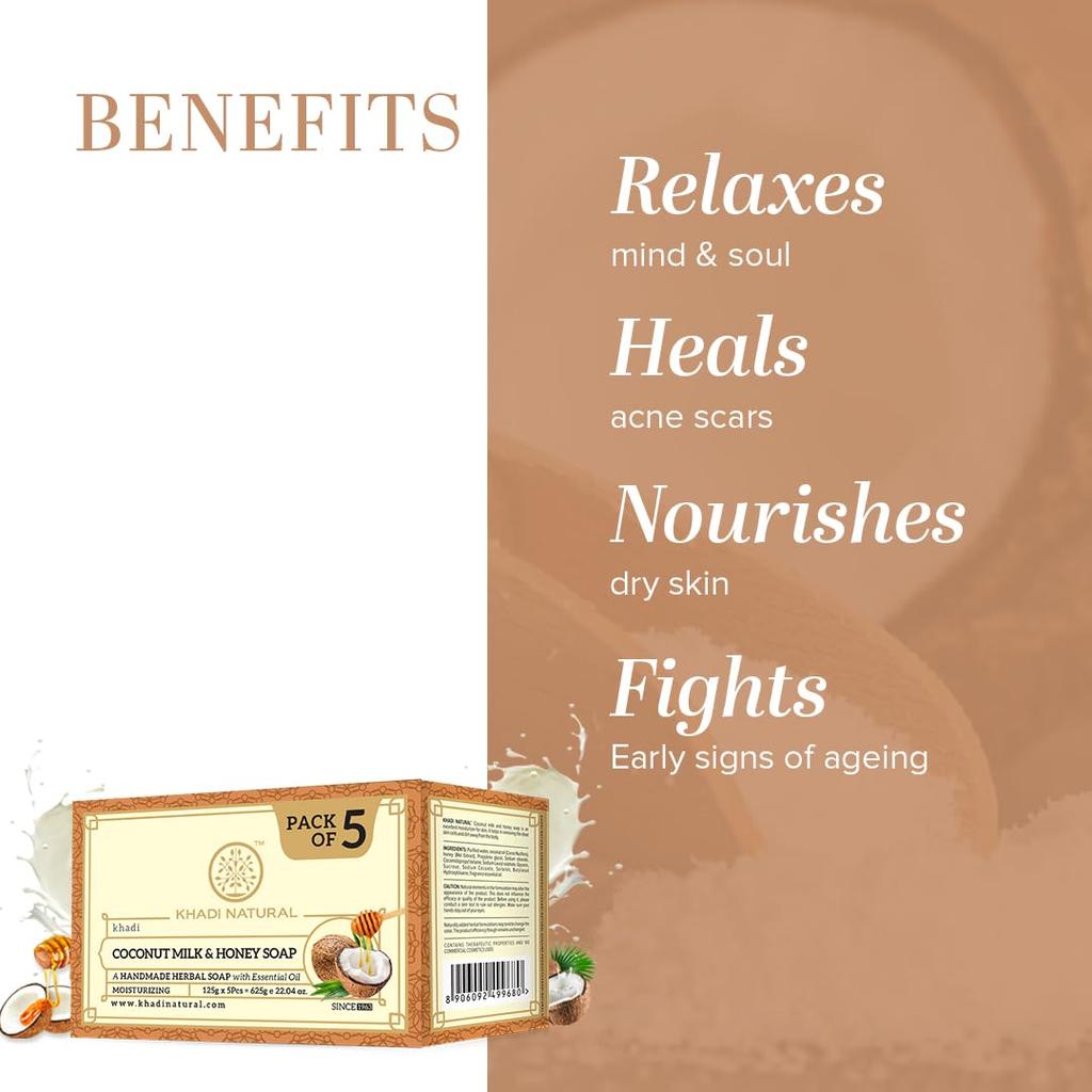 KHADI NATURAL Coconut Milk & Honey Herbal Bath Soap For Soft Glowing Skin Long Lasting Moisture All Skin Types Pack of 1 125g X 5pcs