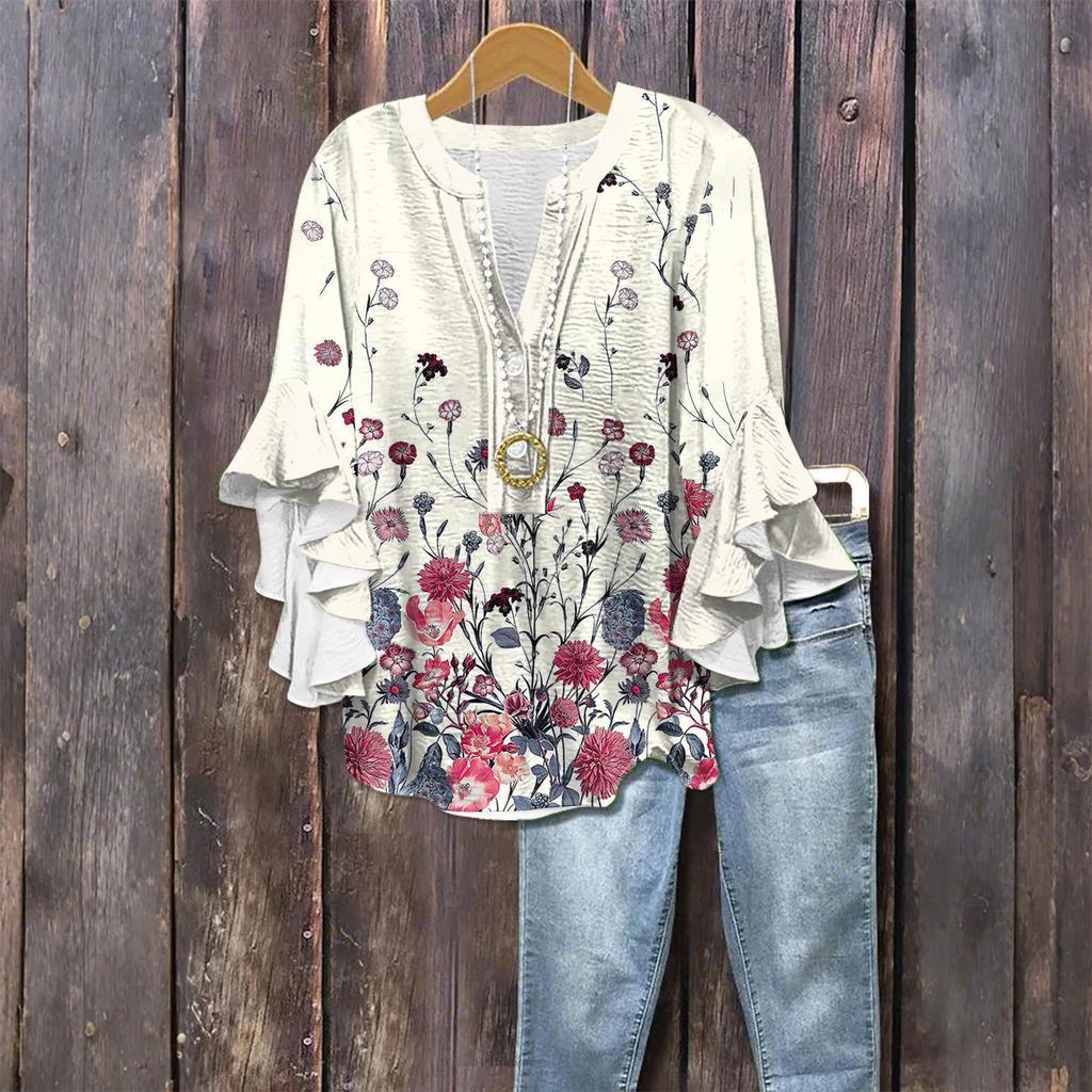 Women's Fashion Casual Button V-Neck Seven Sleeve Vintage Printed Shirt Top