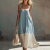 Women Color Block Sleeveless Maxi Dress Spaghetti Strap Loose Flowy Tiered Casual Sundress for Beach Vacation and Resort Wear