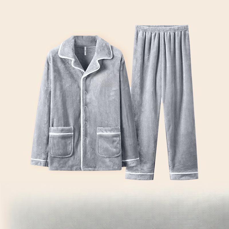 Men's Coral Fleece Velvet Pajamas Set - Thick, Warm, Long-Sleeved Flannel for Autumn and Winter