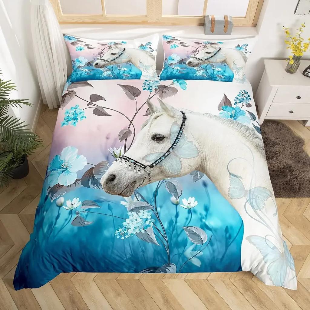 3D Horse Duvet Cover King Queen Size Yellow Sunflower Bedding Set Floral Animal Theme Quilt Cover Wildlife Soft Comforter Cover