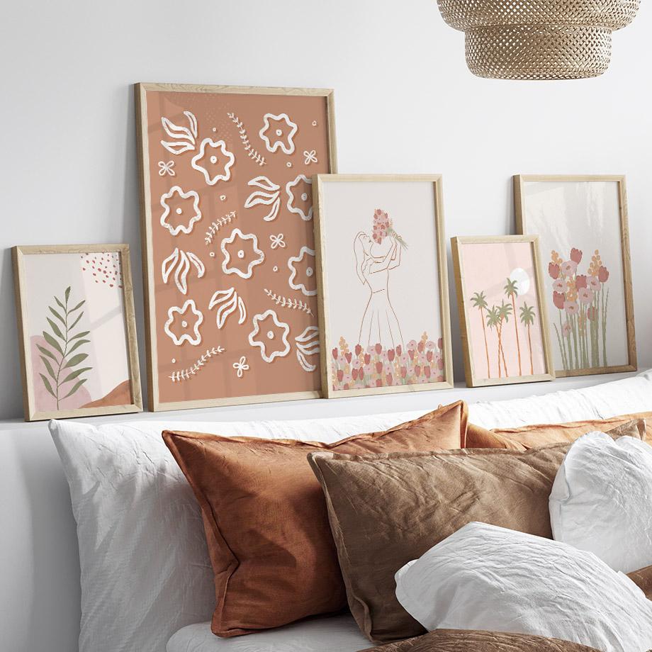 Boho Mountain Sun Line Girl Flower Leaves Wall Art Canvas Painting Minimalist Posters And  Prints Pictures For Living Room Decor