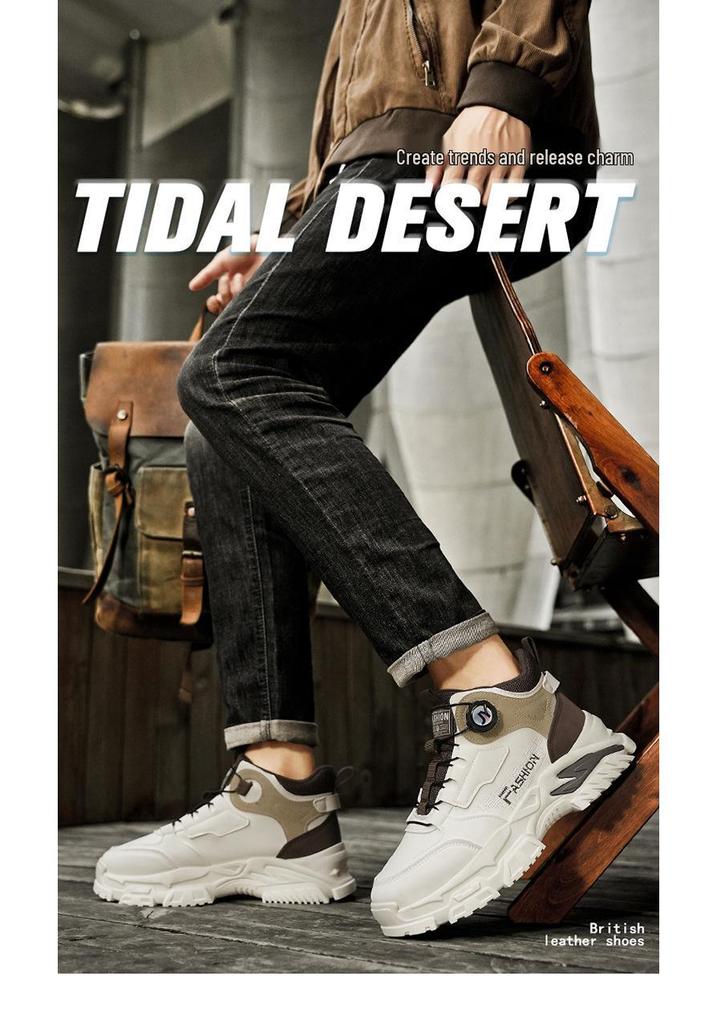 Men's High-Top Autumn Sneakers with Rotating Button: Trendy, Versatile, Thick-Soled, Height-Increasing Casual Dad Shoes.