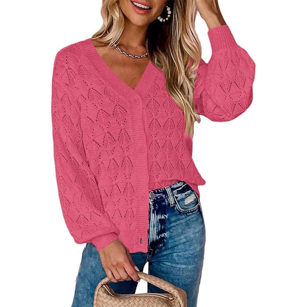 Dámský lehký háčkovaný zkrácený kardigan 2025 s výstřihem do V, dlouhým rukávem a bolerkem na knoflíky