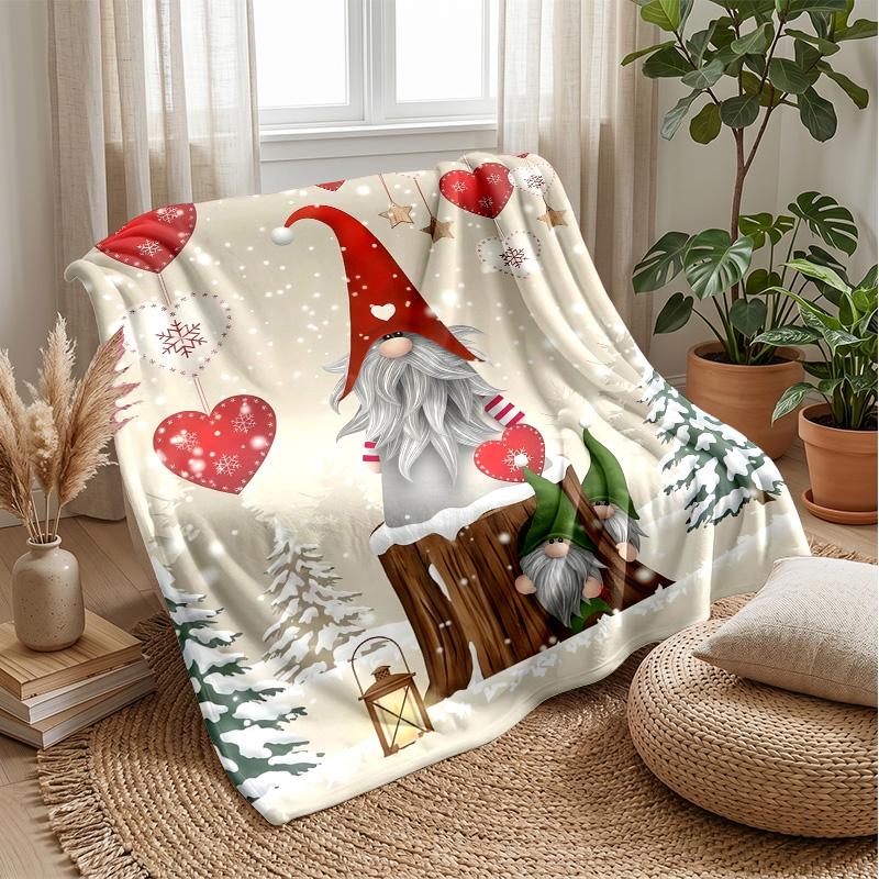 Snowy Gnome with Hearts Theme Blanket Lightweight Warm Flannel Blanket Decorative Throw Blanket for Home Decoration