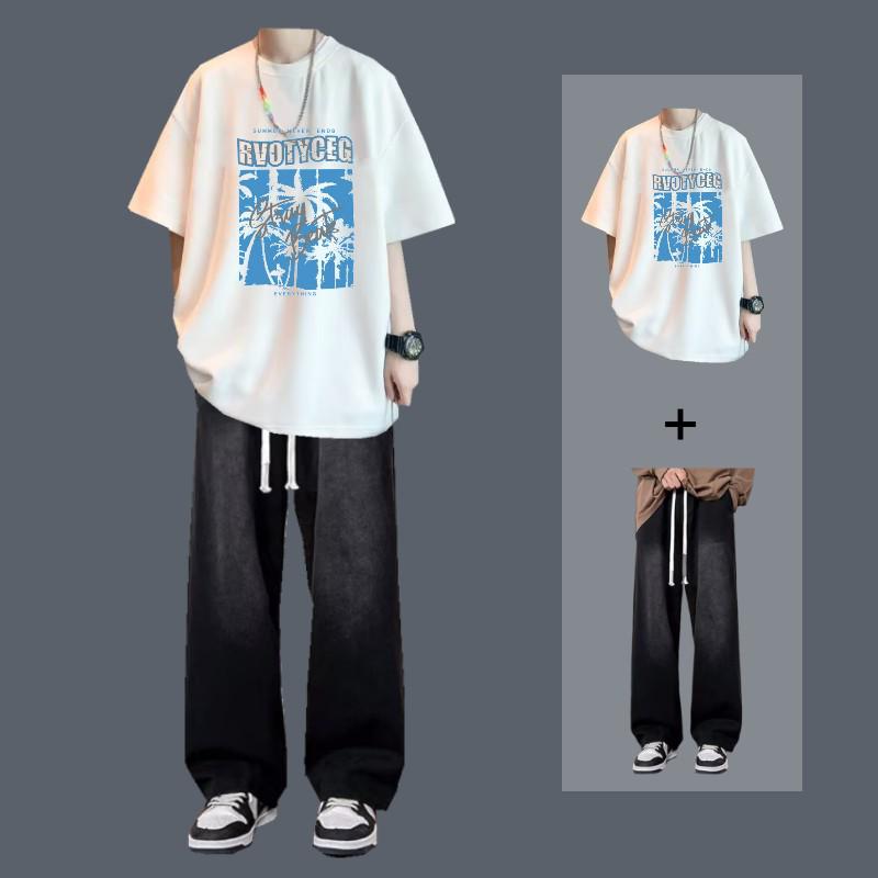 Men's Short-Sleeve T-Shirt and Jeans Set: Trendy Summer Casual Two-Piece Outfit