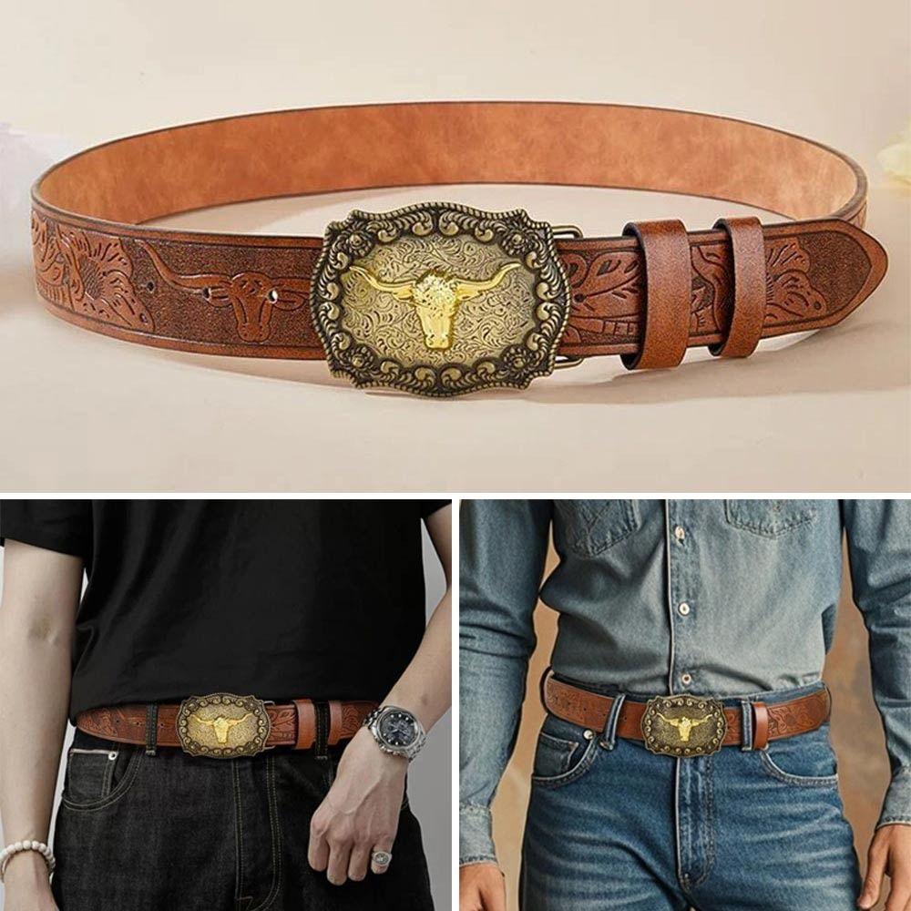 Floral Engraved Buckle Western Cowboy Belts PU Leather Leather Belt Fashion Waistband Belts  Pants
